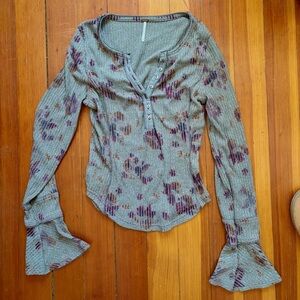 Free People Gray and Purple Floral Long Sleeve Top
